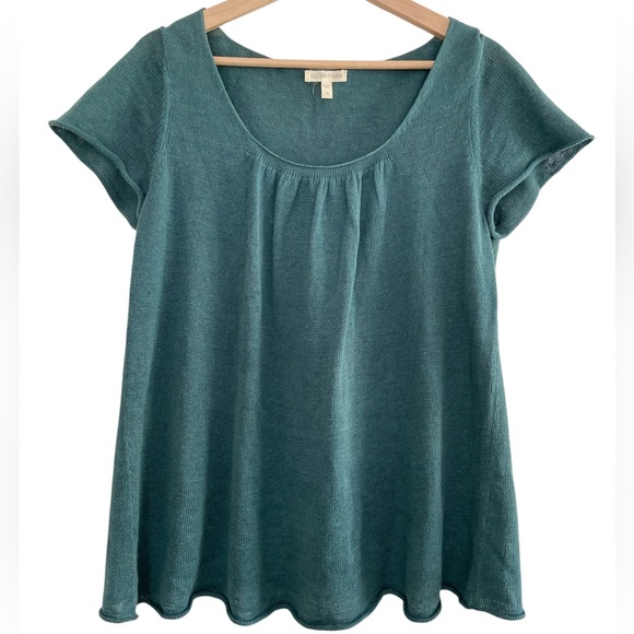 Eileen Fisher Linen Scoop Neck Sweater Blue Green Lagenlook Flowy Short Sleeve M - Picture 1 of 12